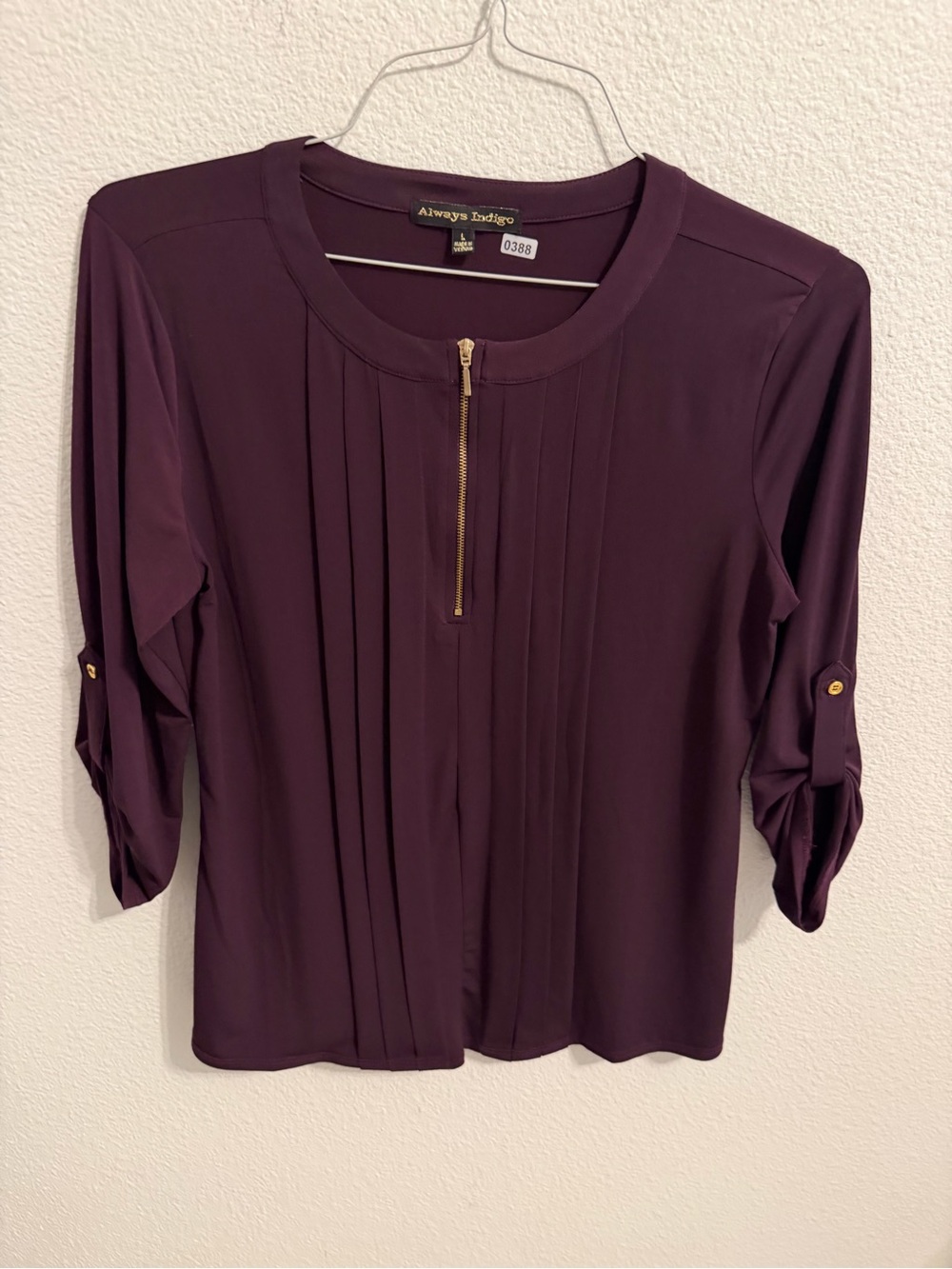 Always Indigo Women's Plum Pleated Zip-Neck Blouse